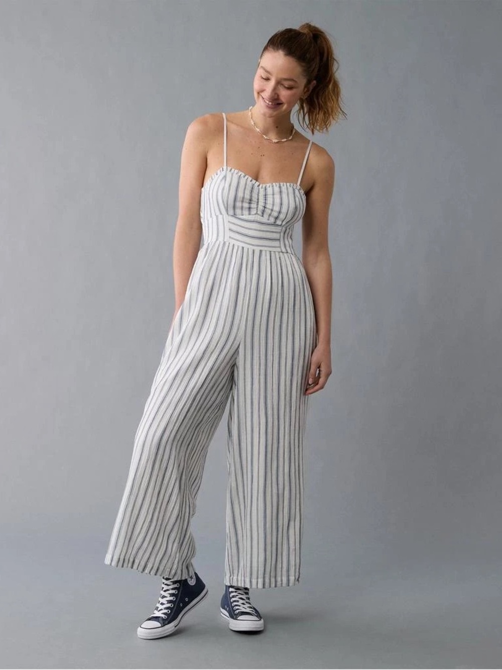 AE Catie Corset Striped White & Blue Wide-Leg Jumpsuit